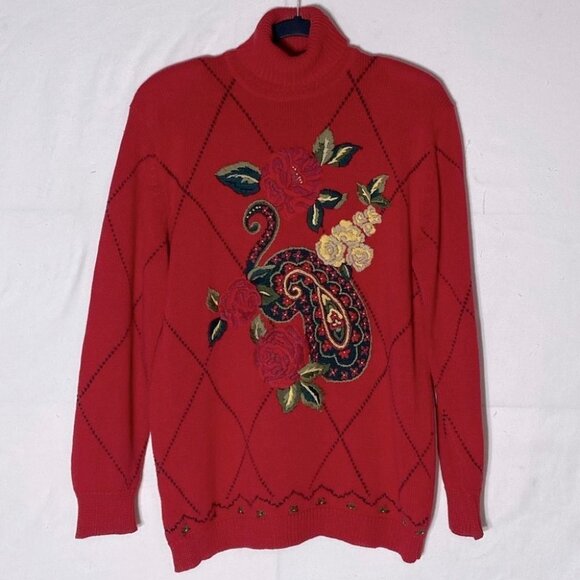 Vintage Herman Geist Ramie Cotton Hand Embroidered Paisley Floral Mock Neck - Picture 16 of 16